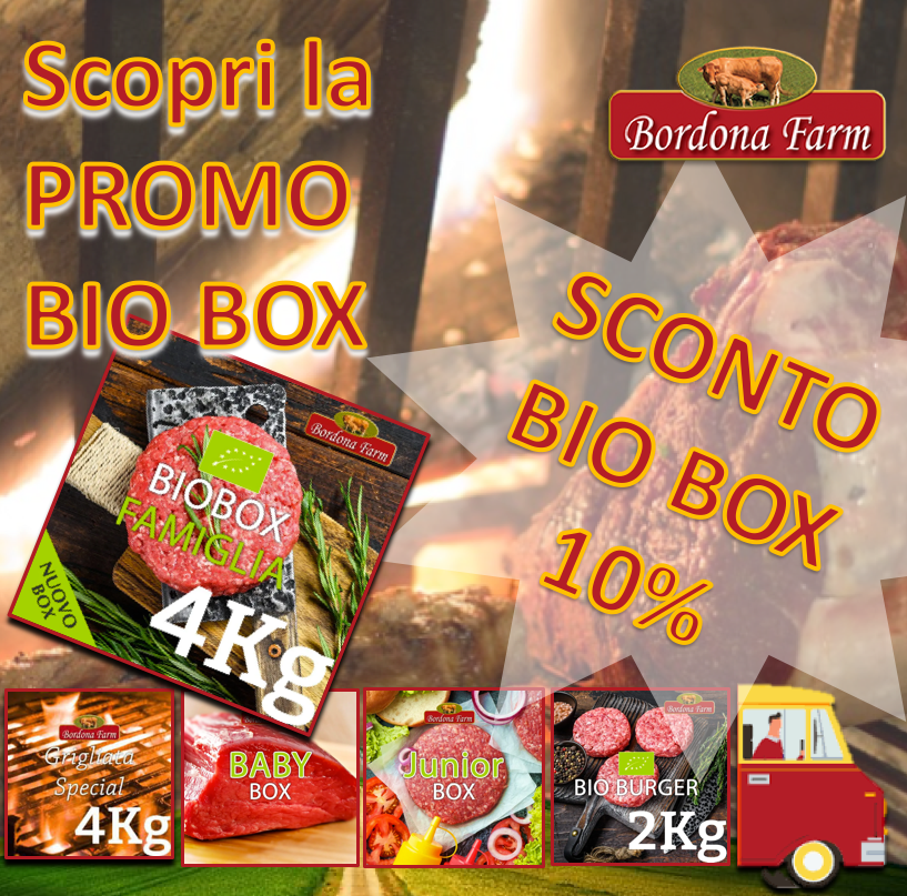 Sconto del 10% sulla nostra carne Bio con l'acquisto di una BIO BOX!  Utilizza il CODICE COUPON: BIO BOX